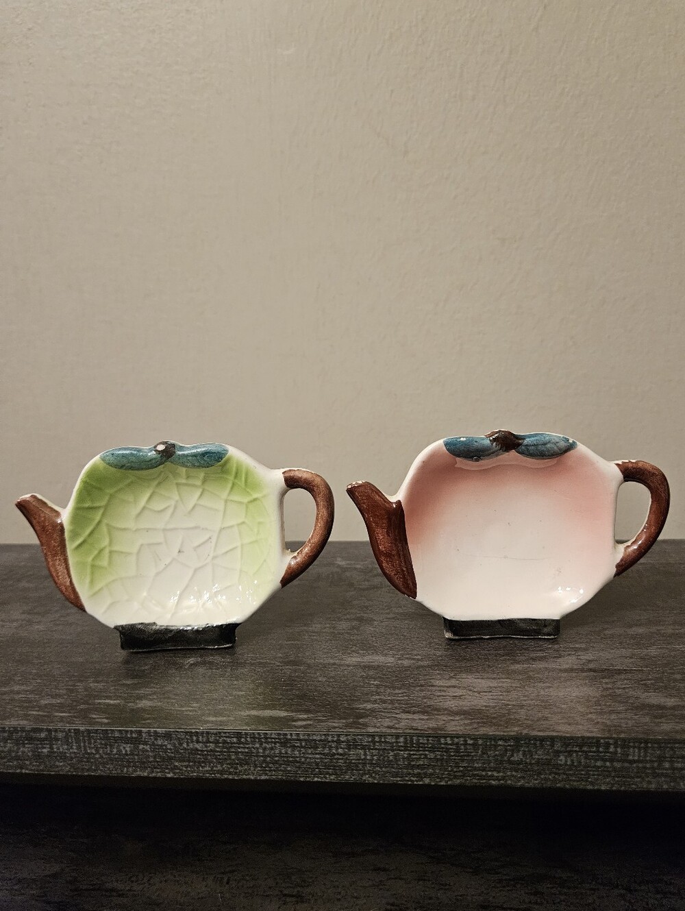 Vintage Teapot Shaped Ceramic Tea Bag Holders / Spoon Rests - Set Of 2